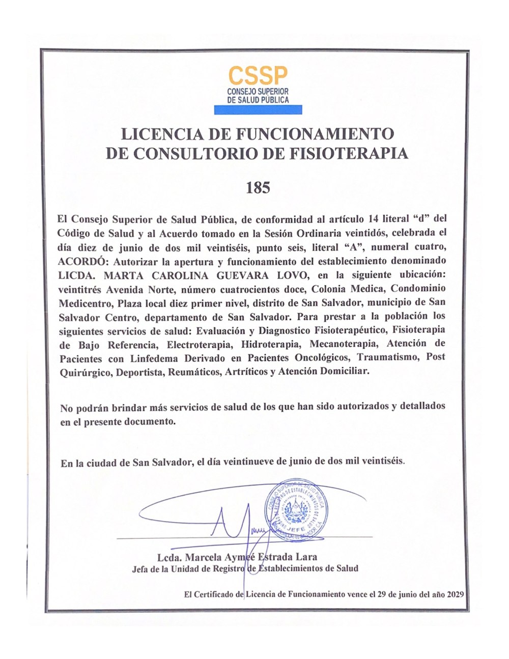 Licencia de funcionamiento de consultorio de fisioterapia del CSSP de la Licda. Marta Carolina Guevara Lovo, San Salvador